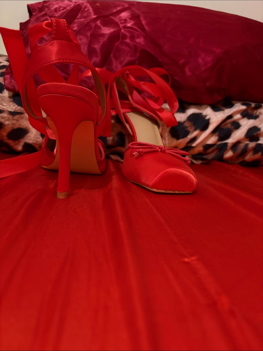 Red Satin High Heel Wrap Sandals
